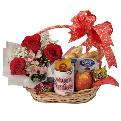 Cesta Café Linda Mulher com Rosas