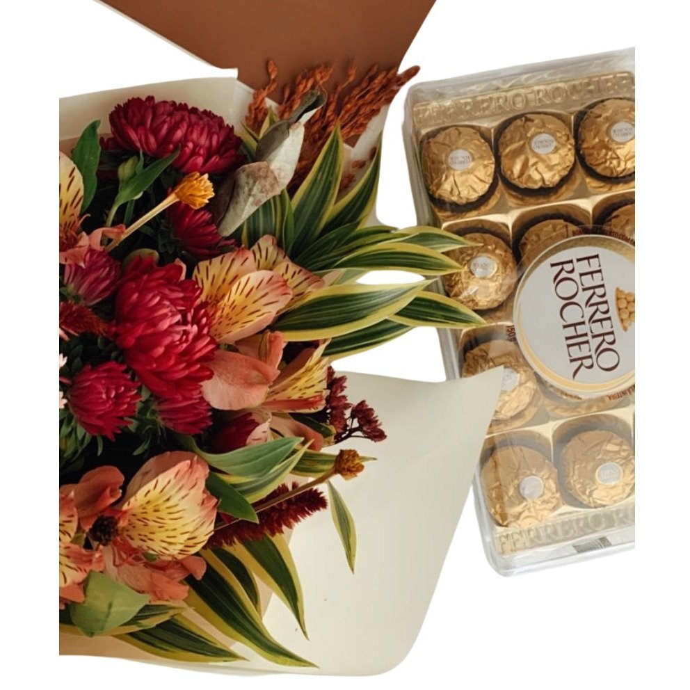 Buquê de flores e chocolate