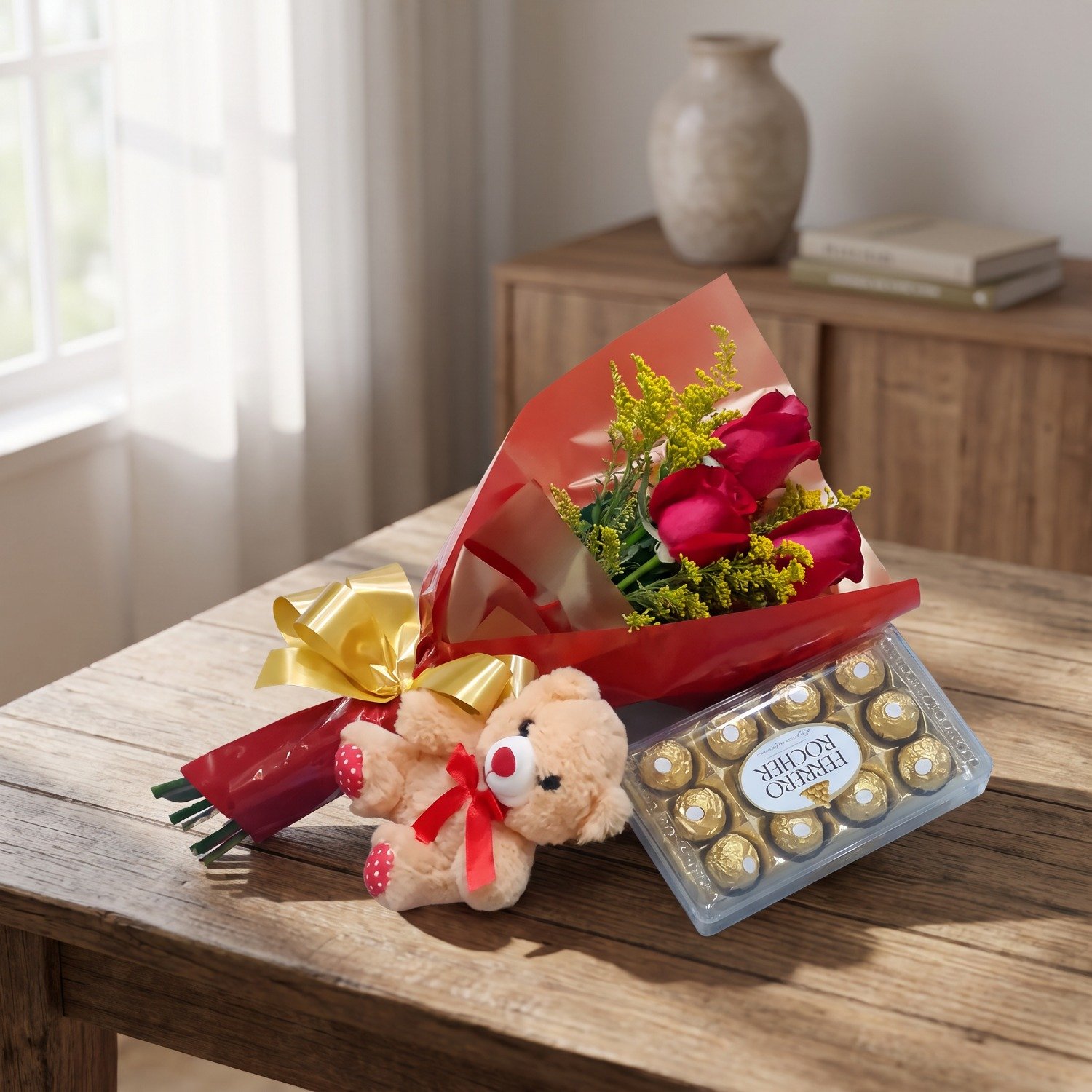 Mimo de Rosas com Chocolate e Urso de Pelúcia