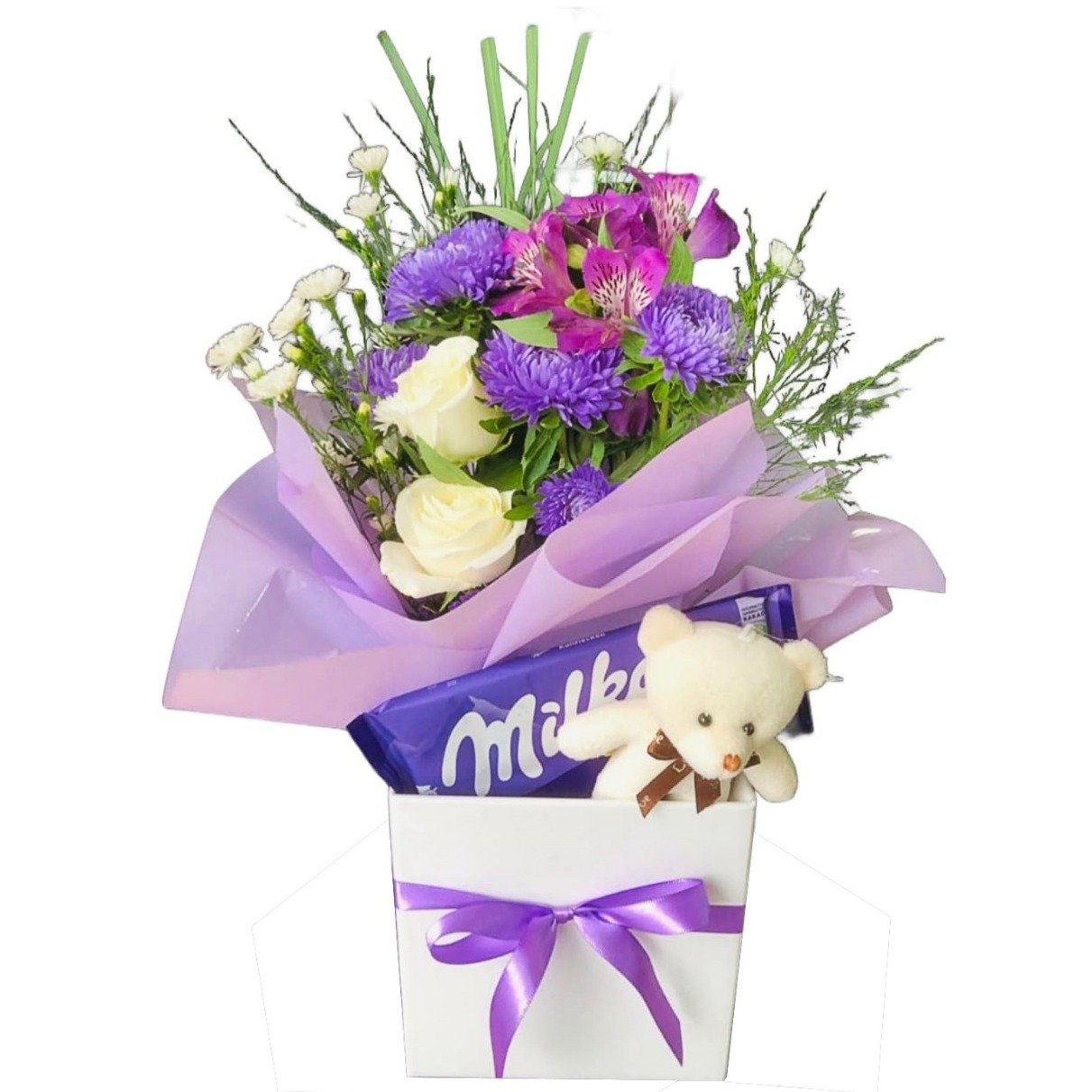 Cesta de Flores com Milka e Pelúcia