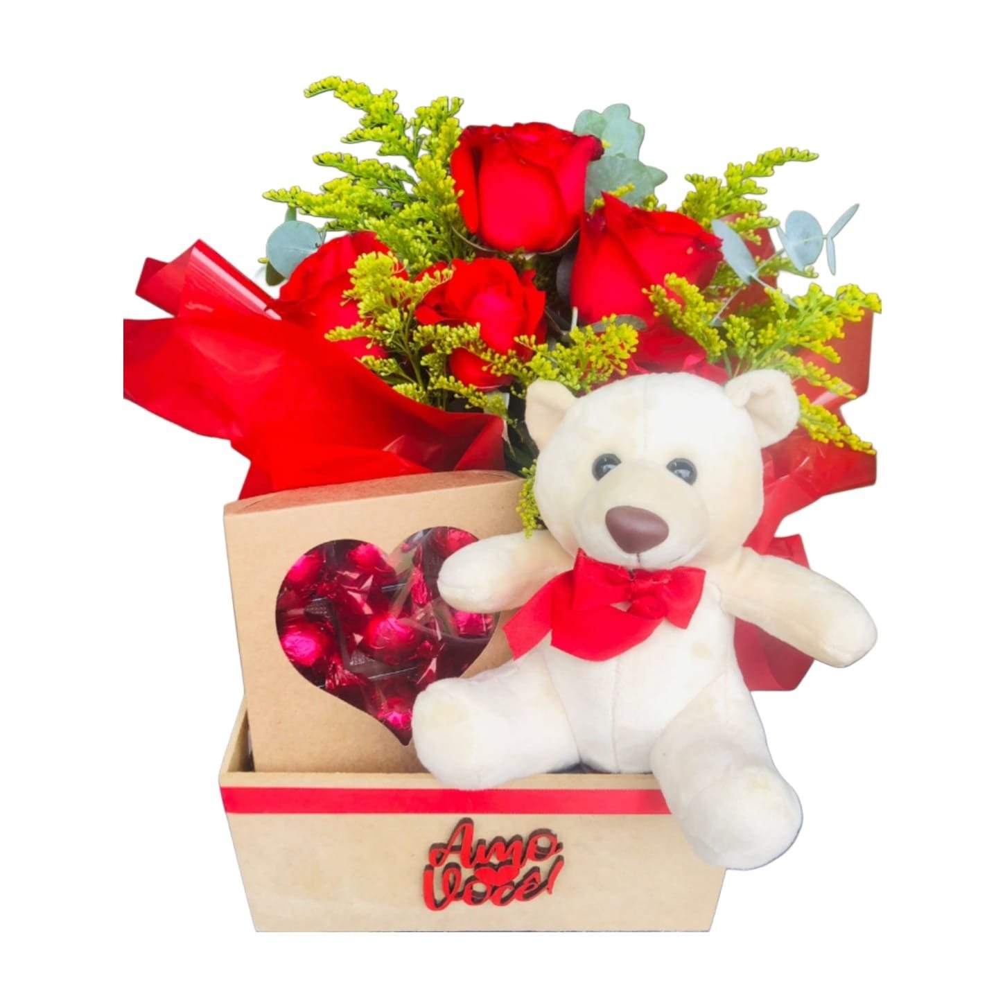 Cesta Amo Você Urso e Rosas