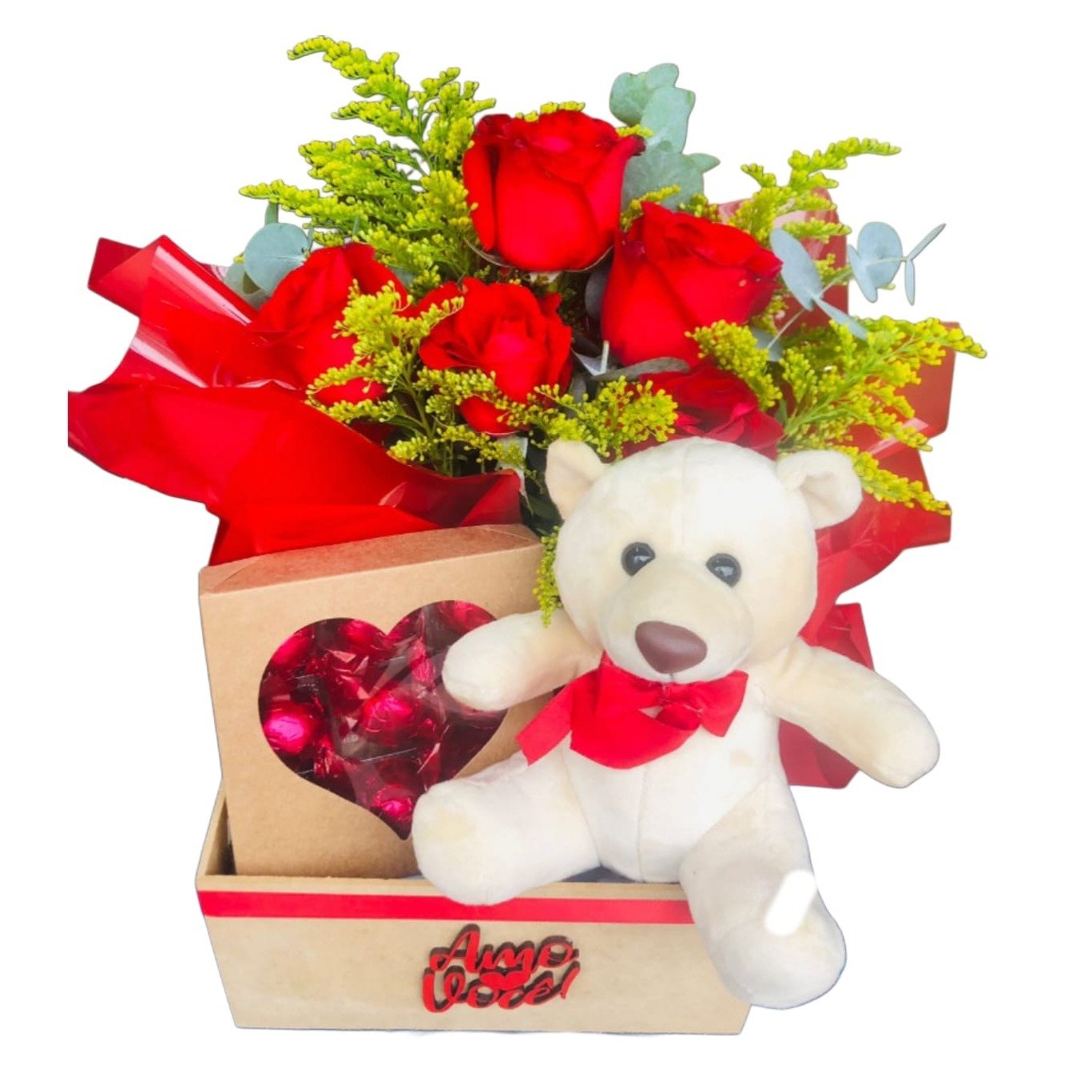 Cesta Amo Você Urso e Rosas