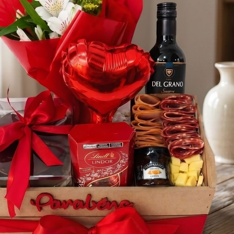 Cesta Aniversário com Flores Vinho e Lindt
