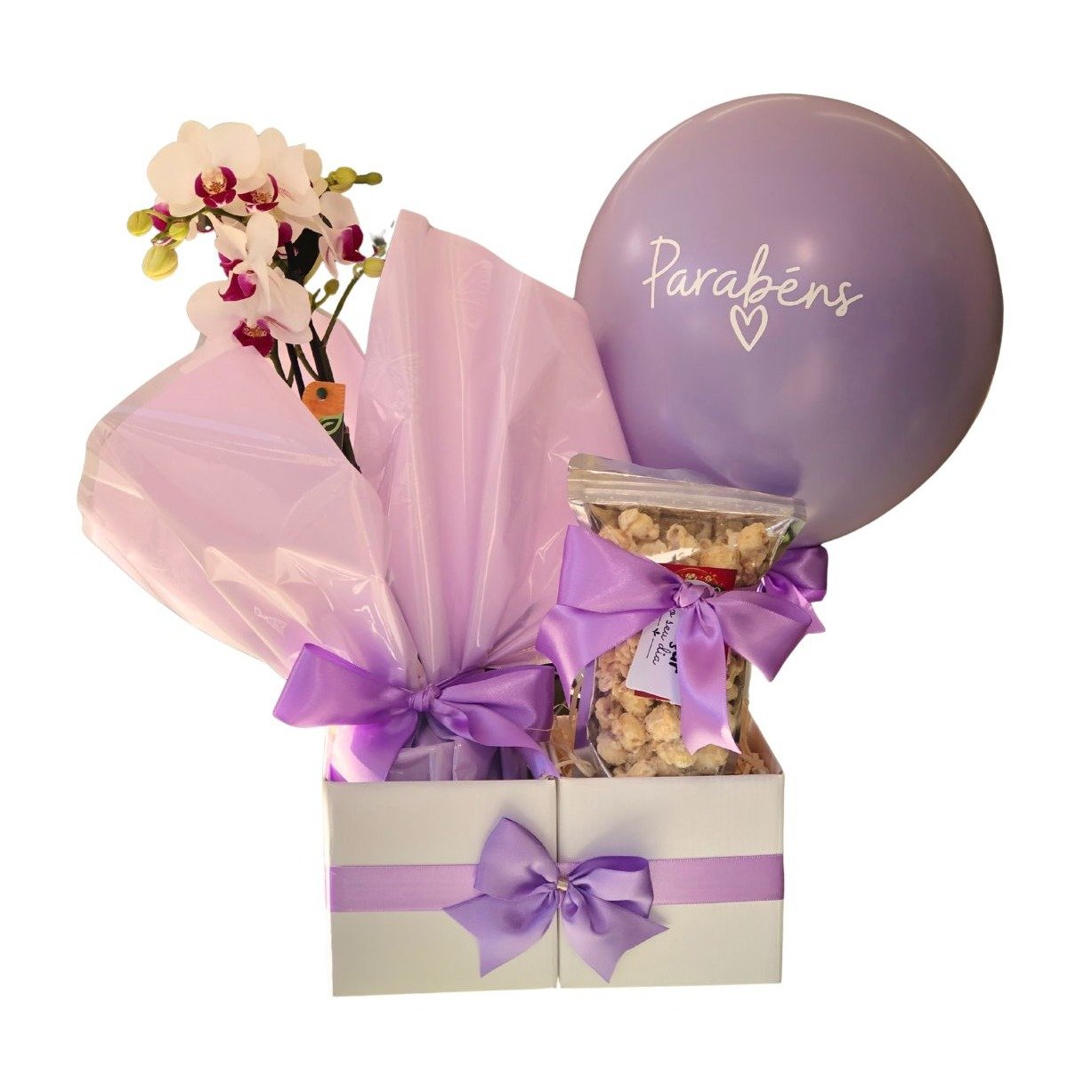 Cesta Orquídea e Pipoca Gourmet