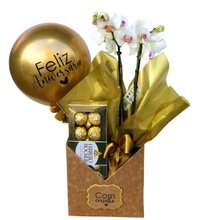 Presente de Aniversário com Orquídea e Chocolate