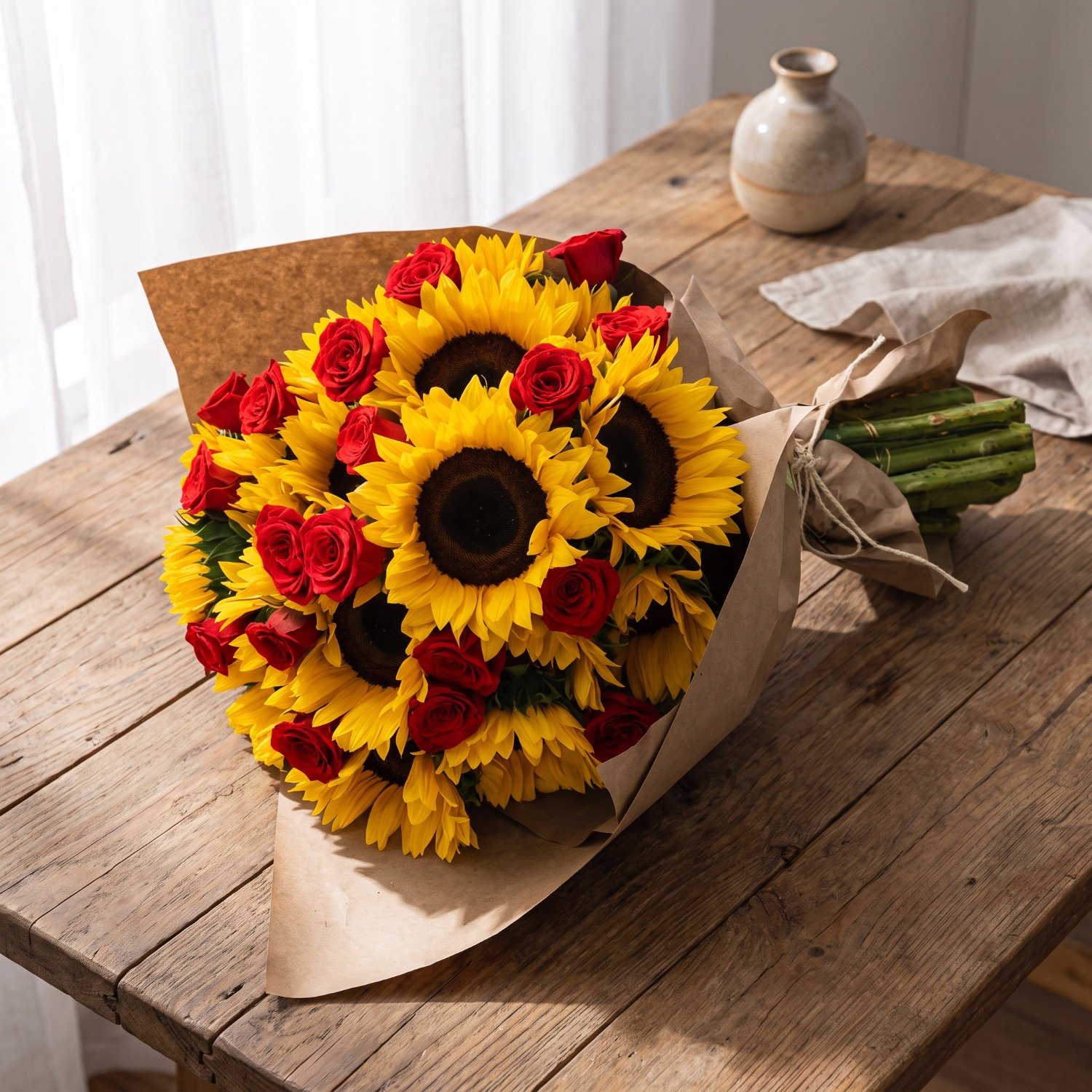 Buquê Aya Rosas e Girassóis