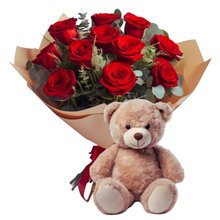 Buquê 12 Rosas Exportação e Lindo Urso