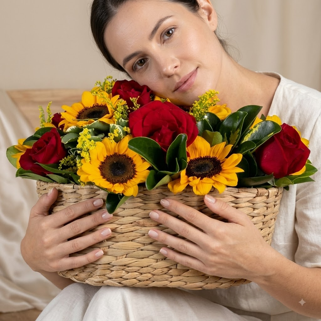 Cesta Sintonia de Rosas e Girassóis