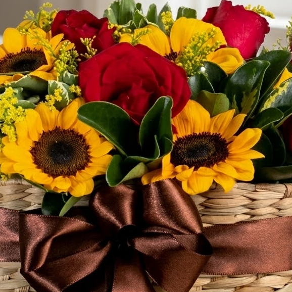 Cesta Sintonia de Rosas e Girassóis