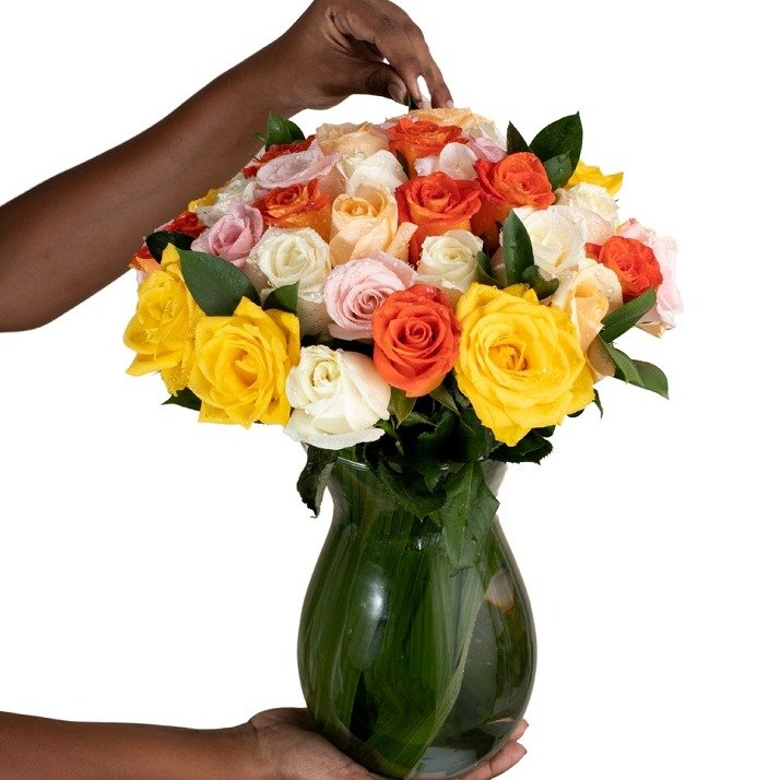 Vaso Simplesmente Bela com 40 Rosas Coloridas 