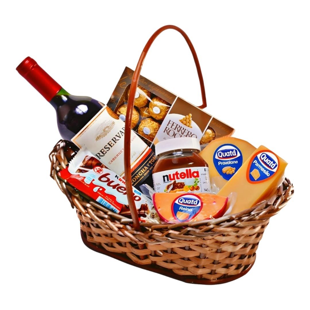 Cesta queijos, vinho e Chocolate