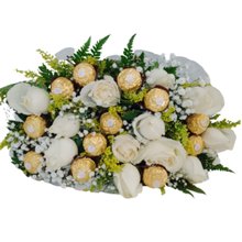 Bouquet 12 Rosas Brancas com Bombons Ferrero Rocher