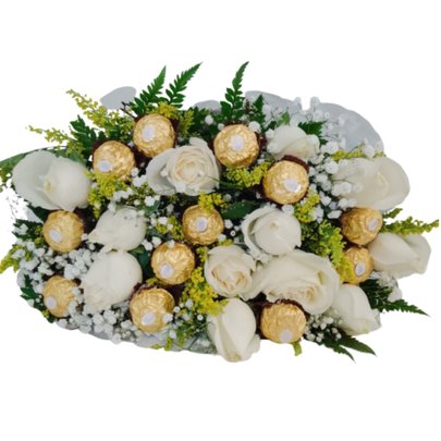 Bouquet 12 Rosas Brancas com Bombons Ferrero Rocher