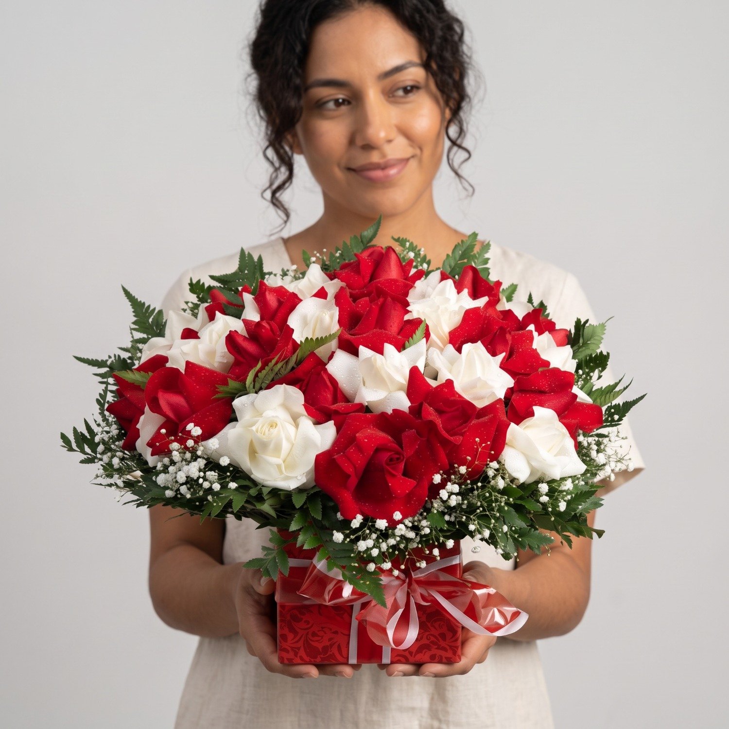 Bouquet 36 Rosas Vermelhas e Brancas Especiais 