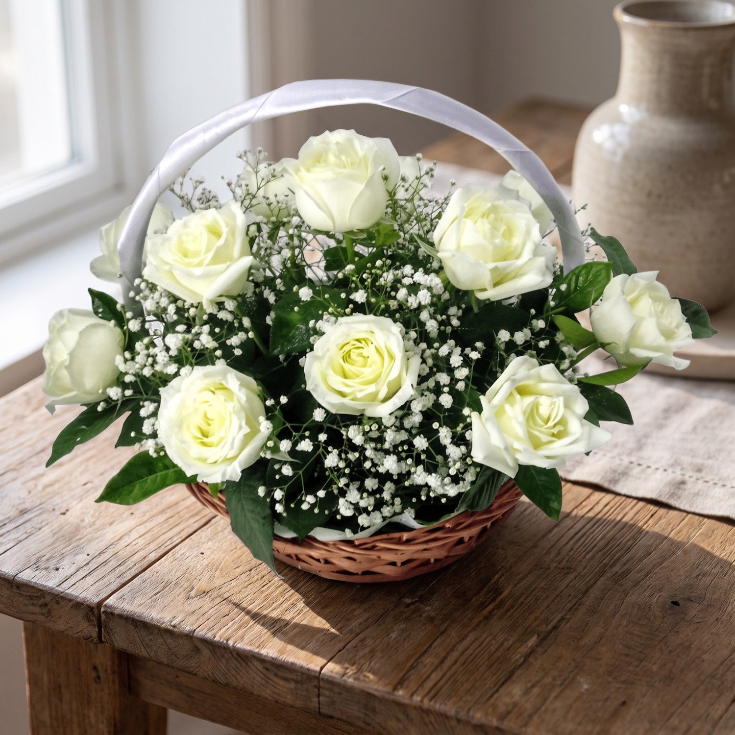 Cesta Rosas Brancas com Mosquitinhos