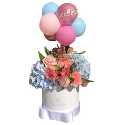 Caixa Aniversário com Flores e Balões