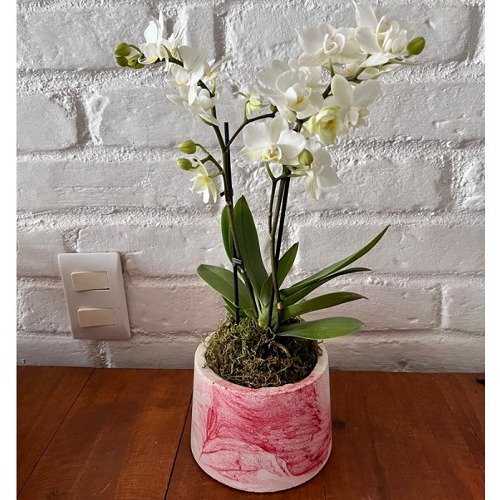 Orquídea Branca em Vaso Artesanal Marmorizado