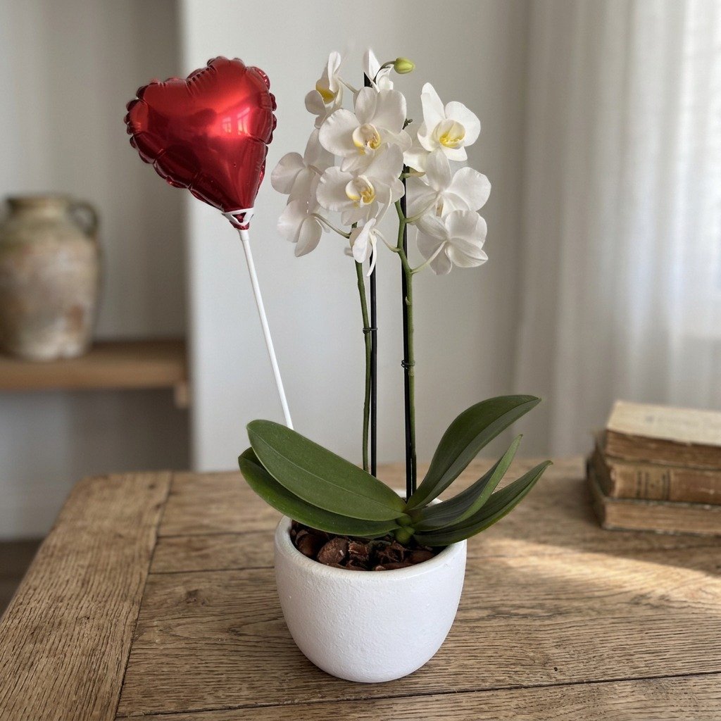 Orquídea Branca com Coração em Vaso de Cerâmica Branco