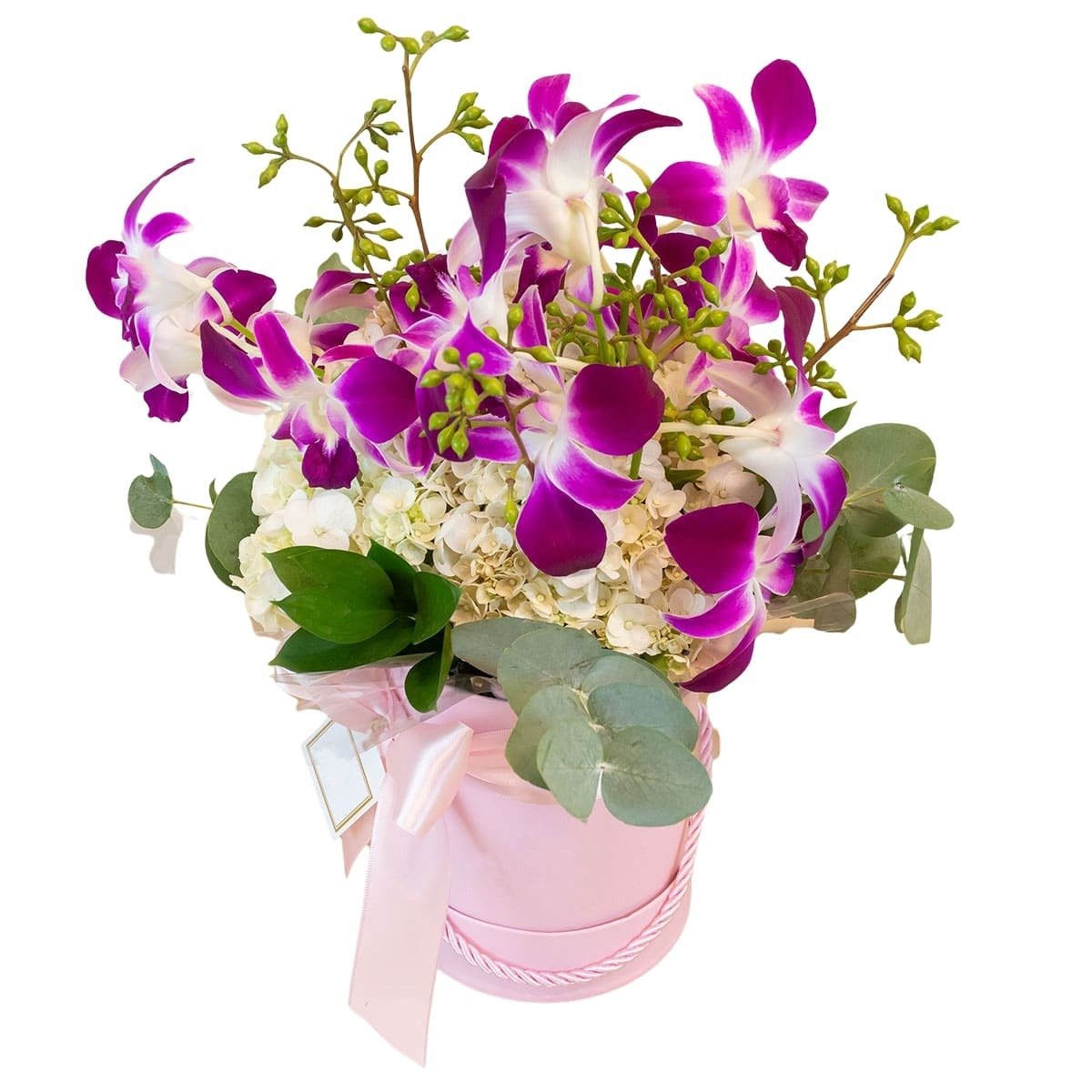 Arranjo de Flores com Orquídeas Hortênsias na Box Lyon
