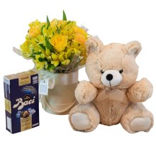 Kit Presente Flores Amarelas, Urso e Bombons Baci