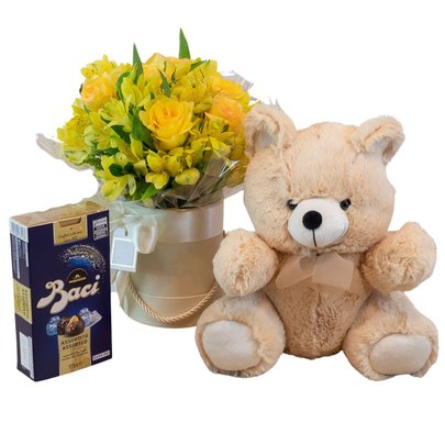 Kit Presente Flores Amarelas, Urso e Bombons Baci