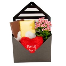 Caixa Envelope com Flor, Pelúcia e Chocolates