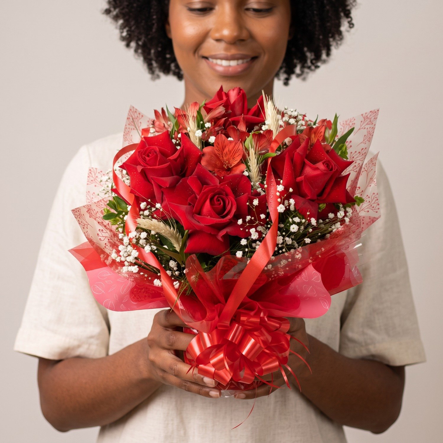 Buquê com Rosas e Astromélias Vermelhas 