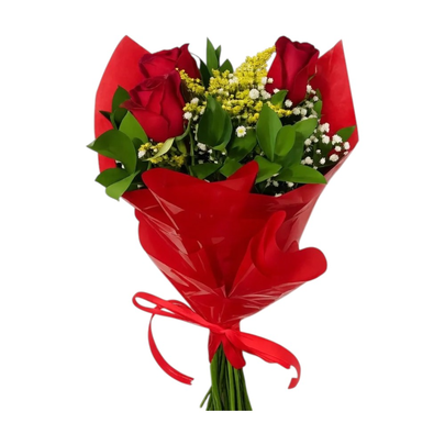 Buquê de 3 Rosas Vermelhas com Tango e Gipsofila