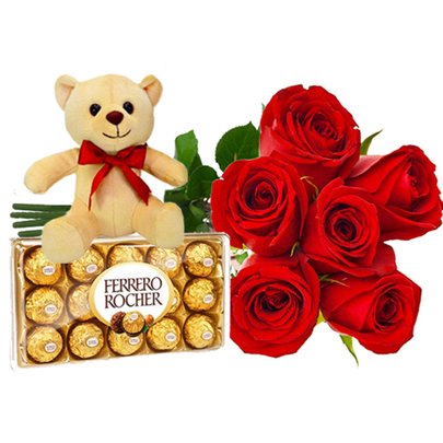 Kit Buquê de 6 Rosas com Pelúcia e Ferrero Rocher