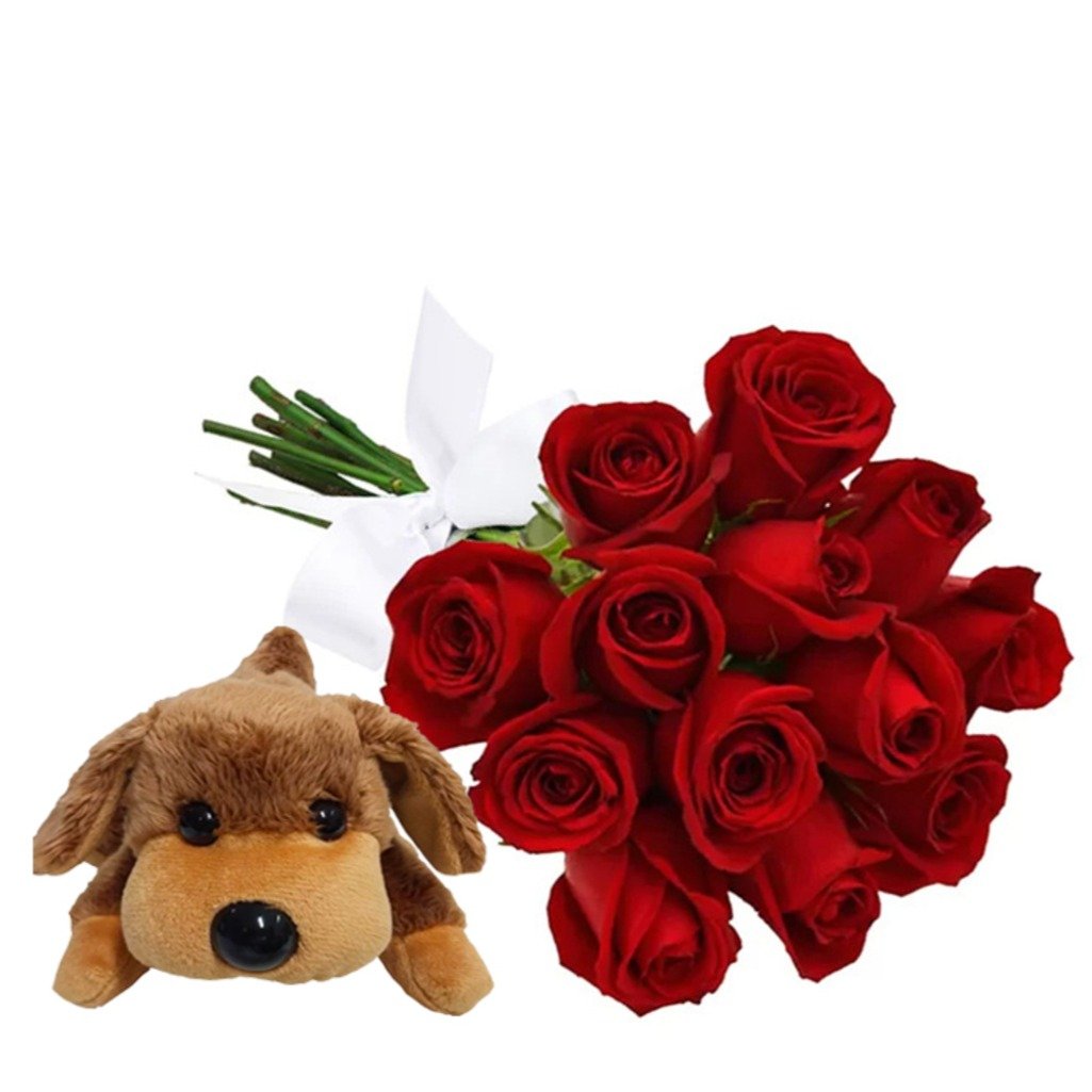 Kit Buquê 12 Rosas Vermelhas & Cachorrinho Dengoso