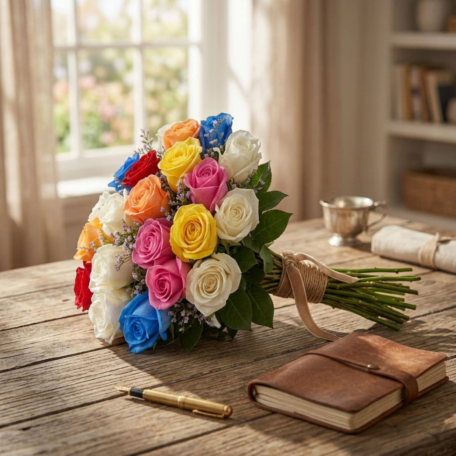 Buquê De 36 Rosas Coloridas Com Azul & Gypsophila