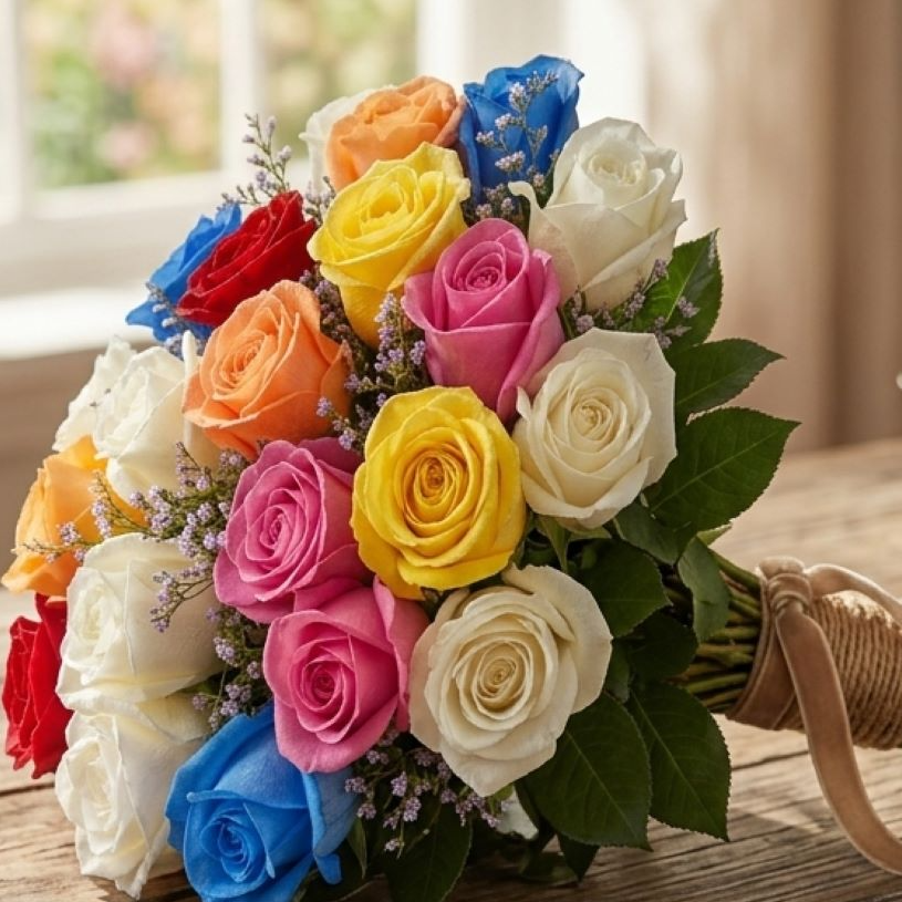 Buquê De 36 Rosas Coloridas Com Azul & Gypsophila