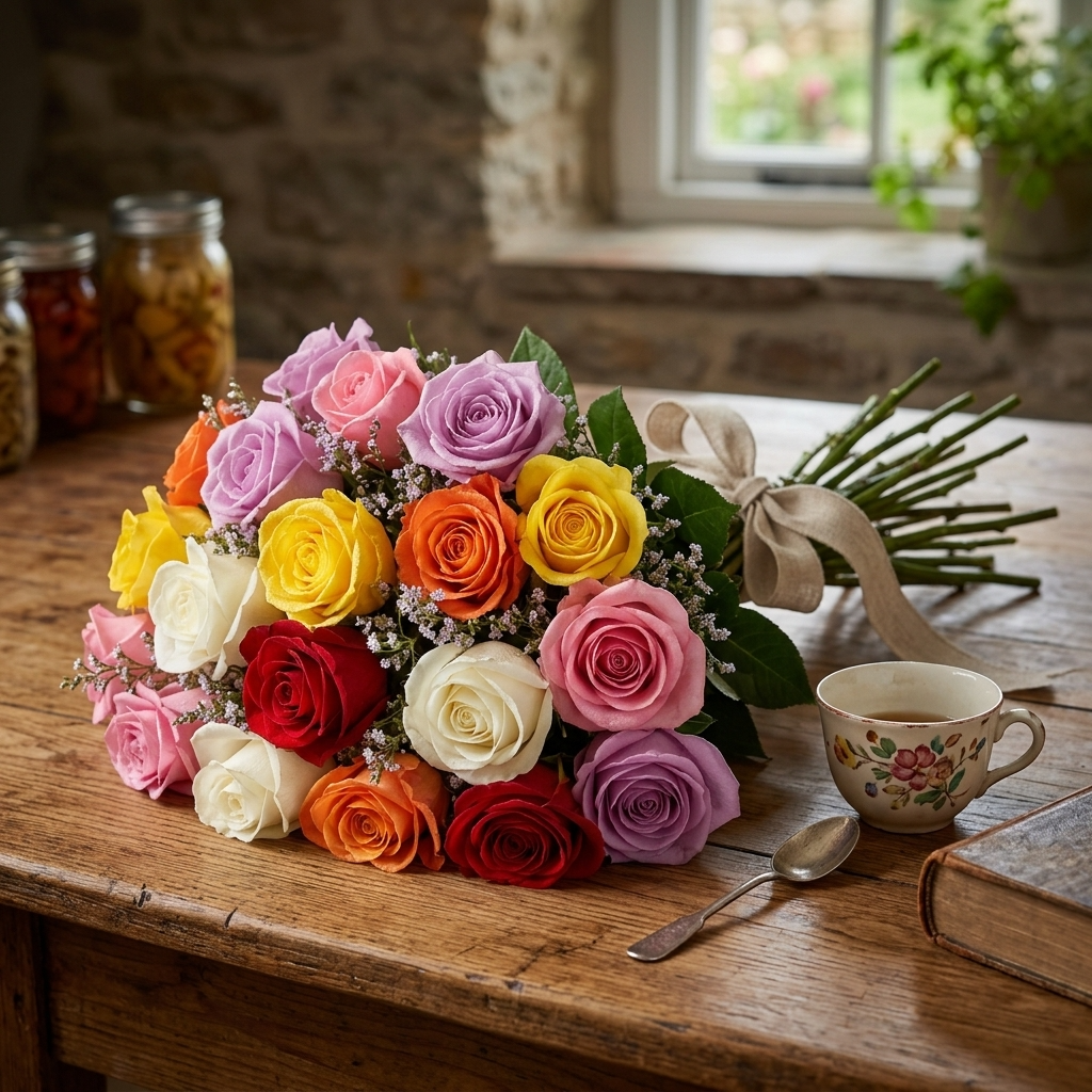 Buquê De 36 Rosas Coloridas & Gypsophila