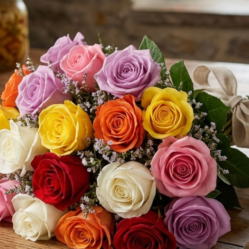 Buquê De 36 Rosas Coloridas & Gypsophila