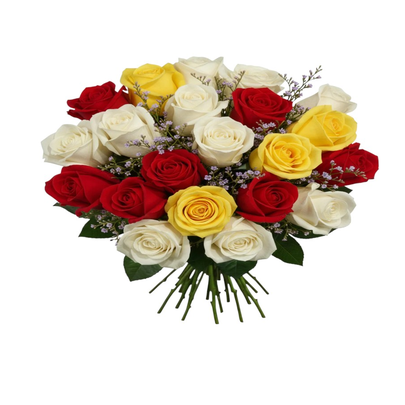 Buquê De 36 Rosas Vermelhas, Amarelas & Brancas
