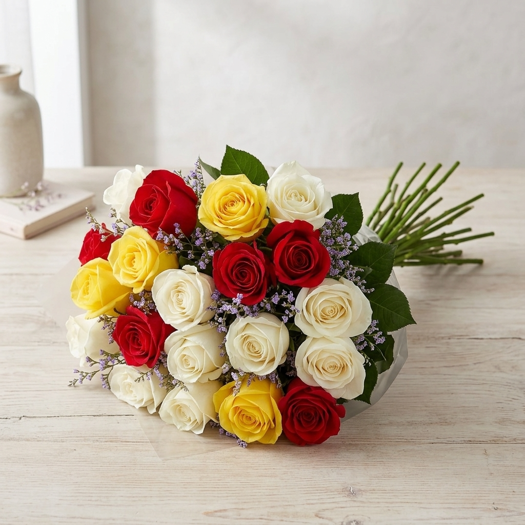 Buquê De 36 Rosas Vermelhas, Amarelas & Brancas