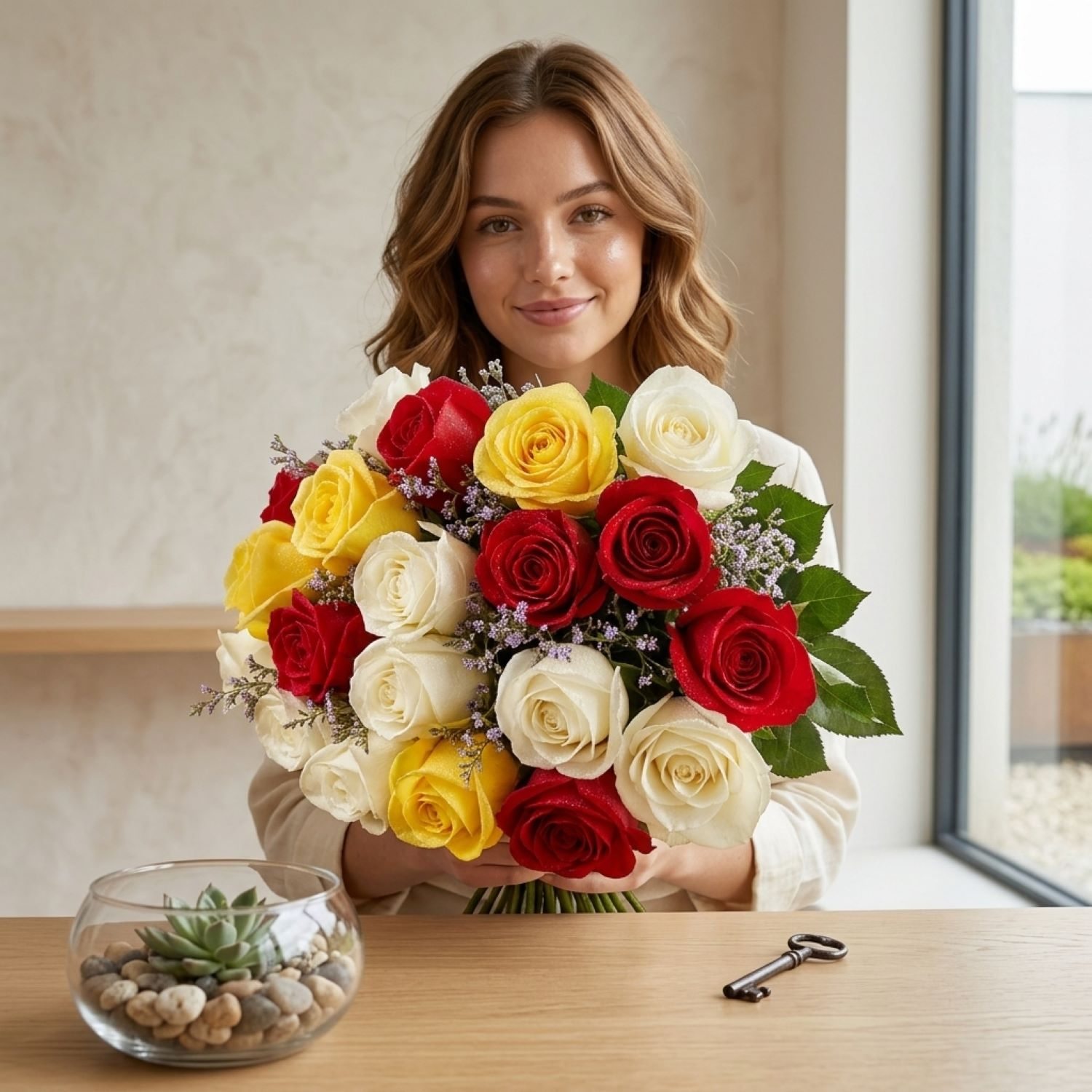 Buquê De 36 Rosas Vermelhas, Amarelas & Brancas