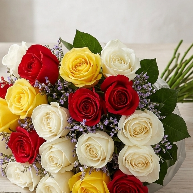 Buquê De 36 Rosas Vermelhas, Amarelas & Brancas