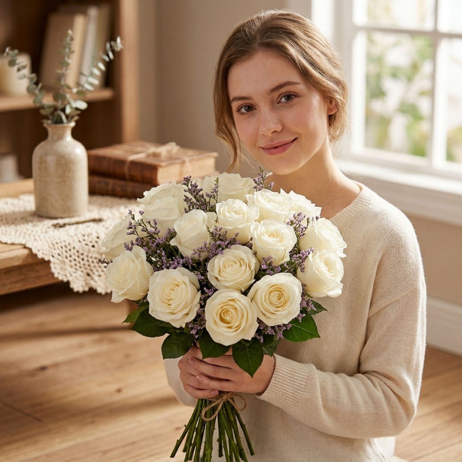 Buquê De 36 Rosas Brancas & Gypsophila