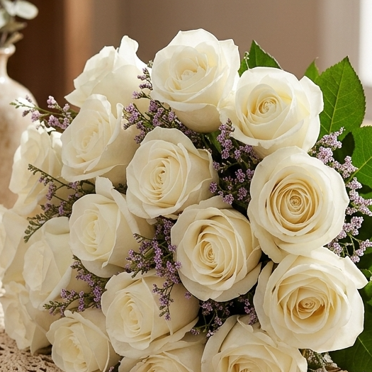 Buquê De 36 Rosas Brancas & Gypsophila