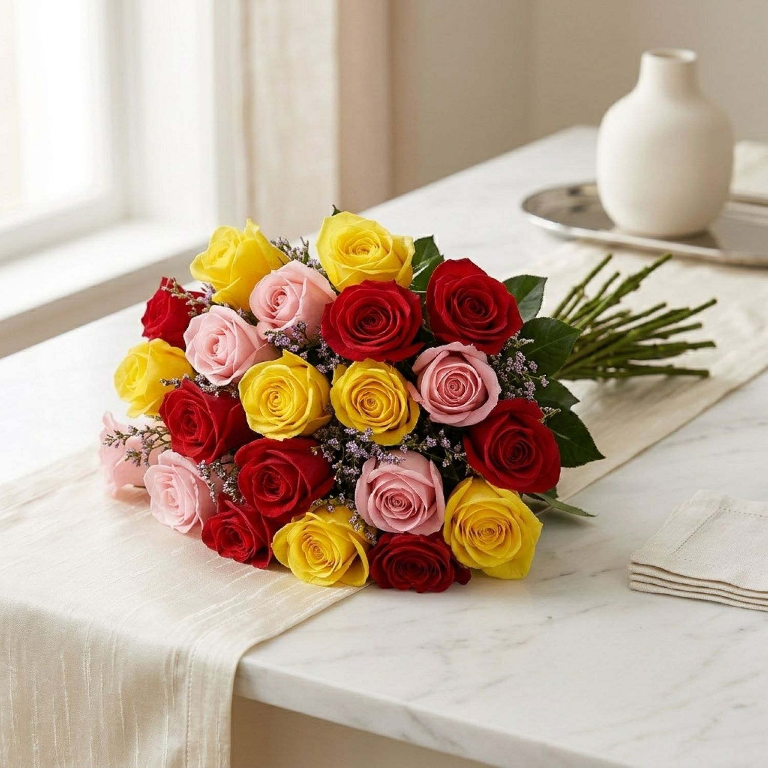 Buquê De 36 Rosas Vermelhas, Amarelas & Cor De Rosa