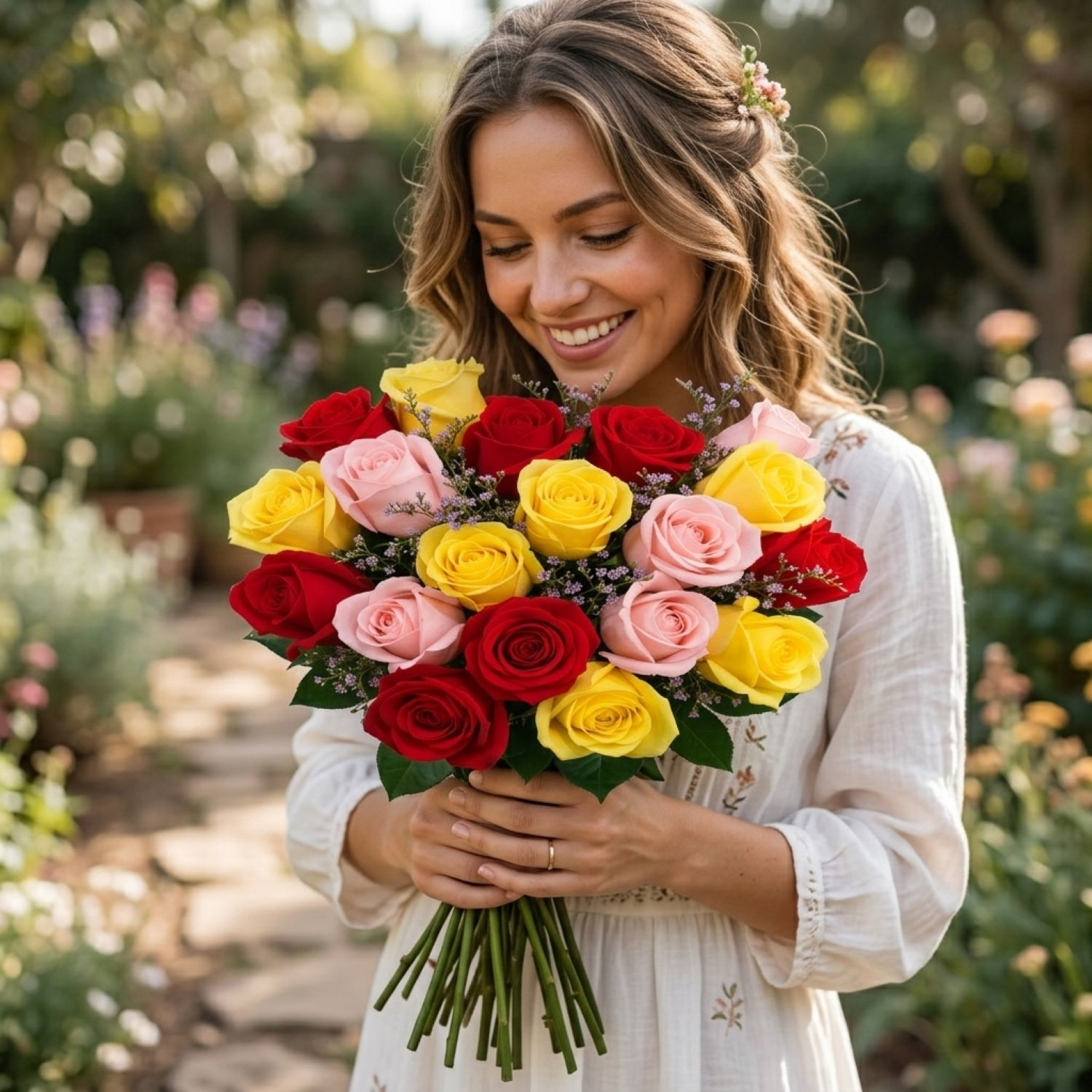 Buquê De 36 Rosas Vermelhas, Amarelas & Cor De Rosa