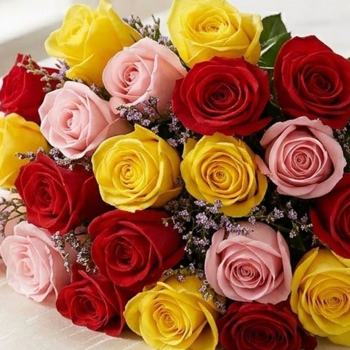 Buquê De 36 Rosas Vermelhas, Amarelas & Cor De Rosa