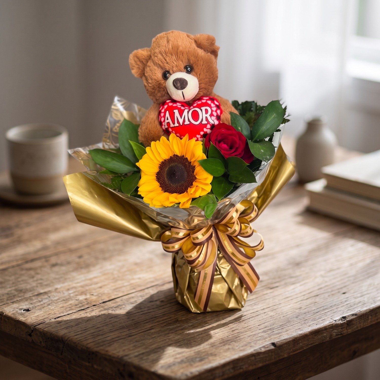 Buquê de Rosas com Girassóis Urso flor 