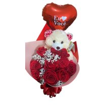 Buquê de Rosas com Balão Eu Amo Você
