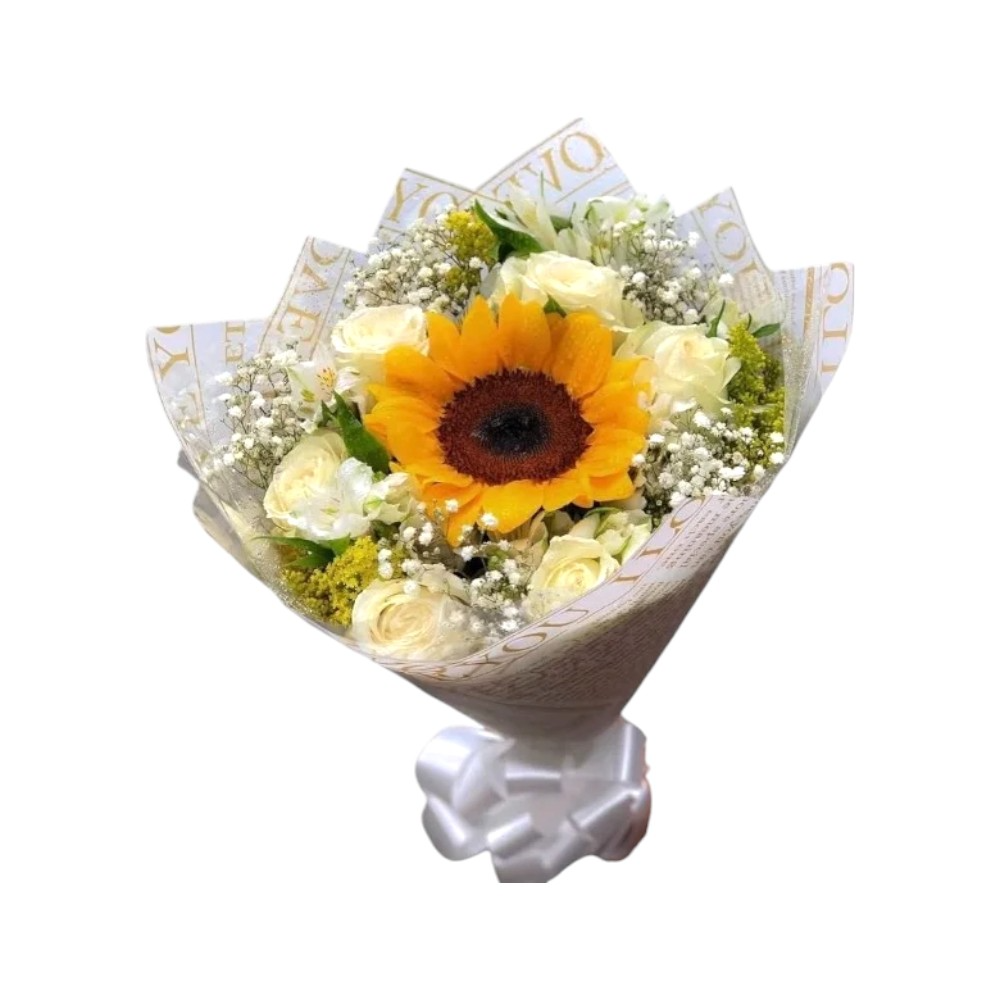 Buquê de Rosas Brancas com Girassol 