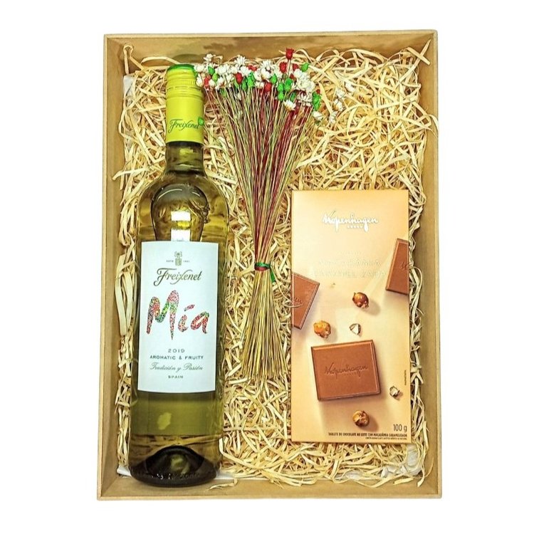 Vinho Mia Branco e Chocolate Kopenhagen Nova Flor