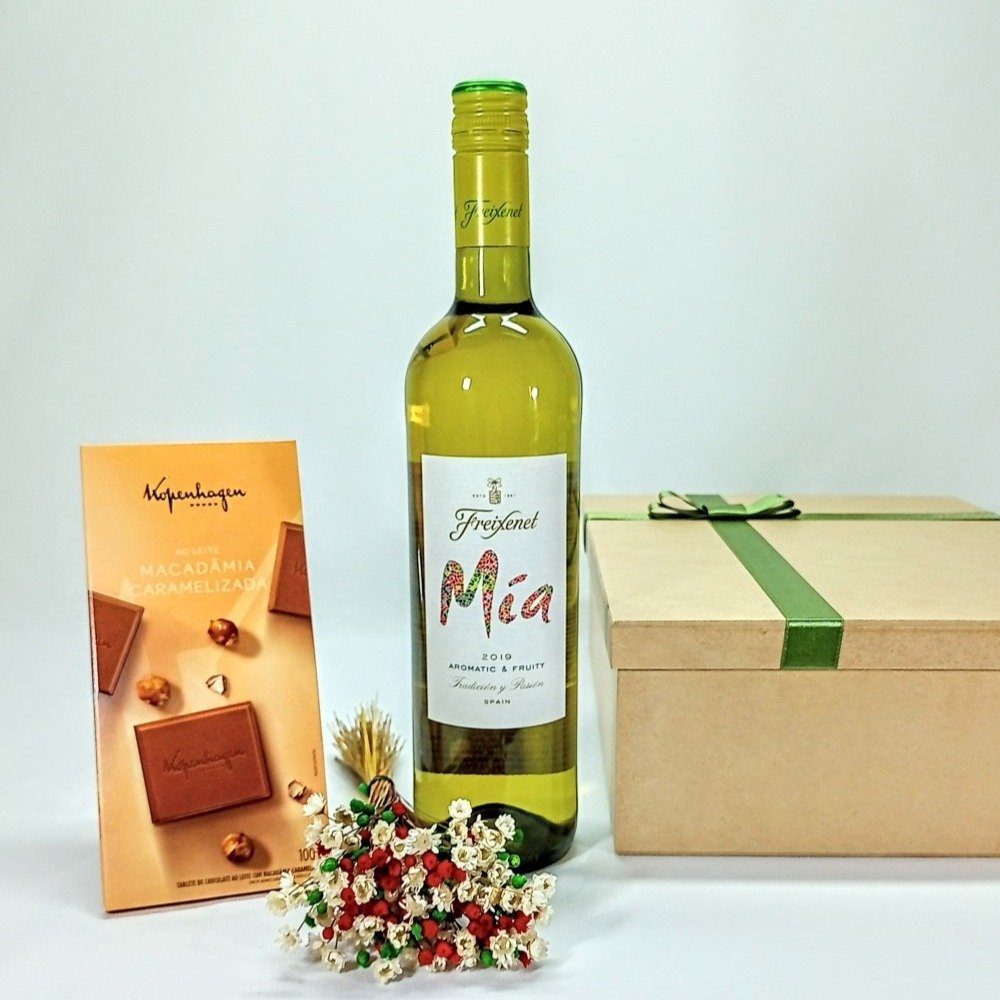 Vinho Mia Branco e Chocolate Kopenhagen Nova Flor