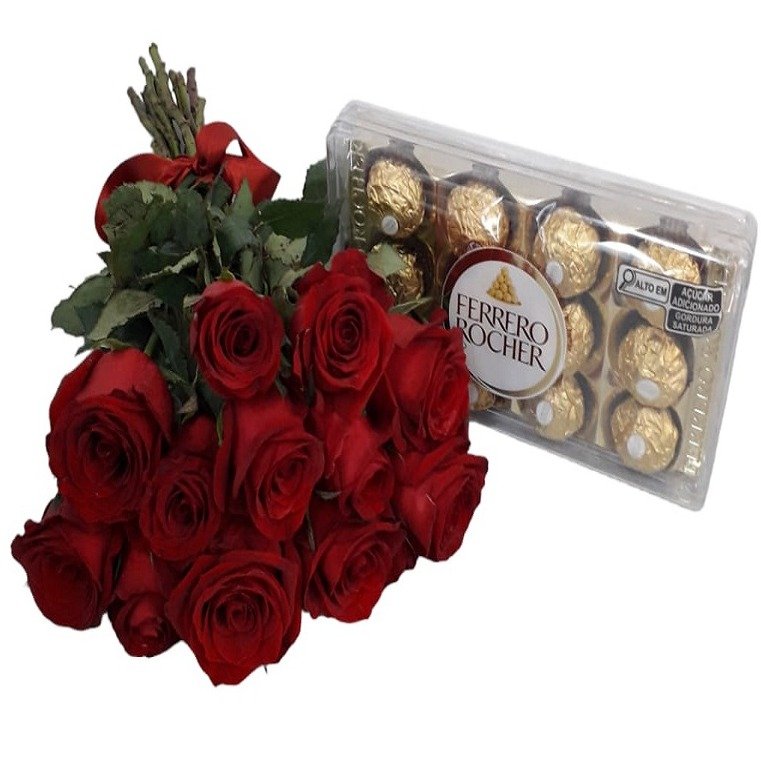 Buque com 12 Rosas Vermelhas e Chocolate