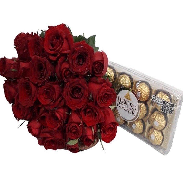 Buquê com 24 Rosas Vermelhas e Chocolates